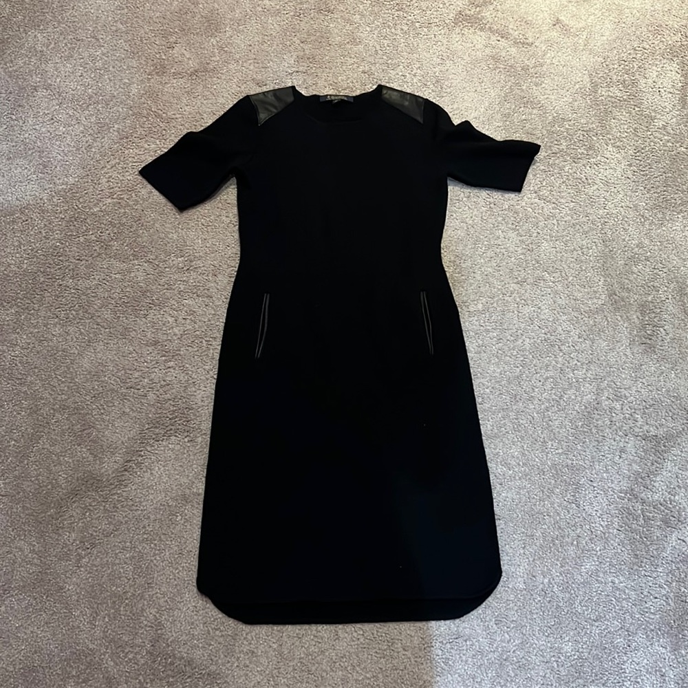 Brooks Brothers Black short sleeved knit dress with leather trim